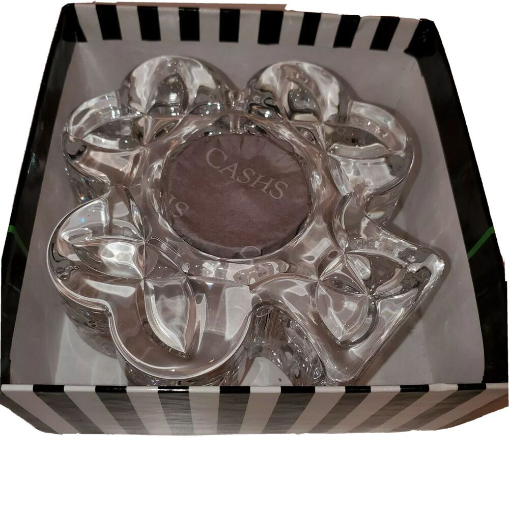 Cashs Ireland Crystal Celtic Shamrock Votive Candle Holder Handmade NIB 4.5in